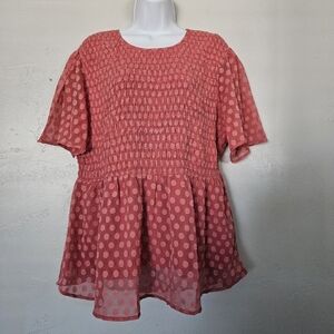Downeast Women's XXL Pink Short Sleeve Clip Dot Blouse Swiss Smocked Boho Girly